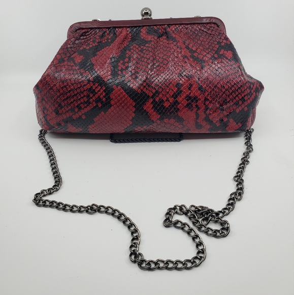 Patricia Nash Berry Red and Black Frame Italian Python Bag with Silver Chain - Picture 6 of 12